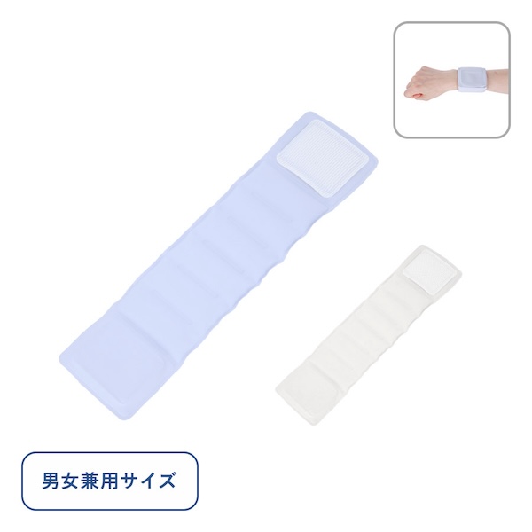 手首を冷やしてクールダウンできる手首用クールバンド。アイスネックリング同様に中にPCMが入っていて28℃以下で凝固しはじめ、繰り返し使用できます。面ファスナーは肌に当たっても痛くない、洋服などの毛が付きにくいタイプを使用しているので、どなたでも安心してご利用いただけます。