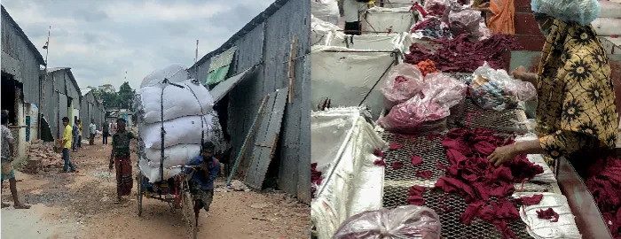 縫製工場で出た端切れ生地を回収します。