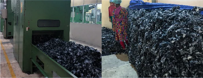 細かくした糸の強度を上げるためにポリエステル繊維と混ぜ合わせる。