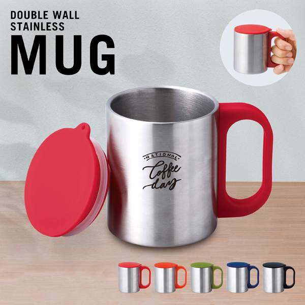 二重構造で丈夫なステンレス素材のマグカップ。確かな品質と使い勝手の良さ、おしゃれなシンプルデザインは自宅用としてもオフィス用としても◎。マグカップはオールシーズン使える販促品のため、通常のシーズンイベントのノベルティとしてはもちろん、社内行事の記念品など幅広くお使いいただけます。