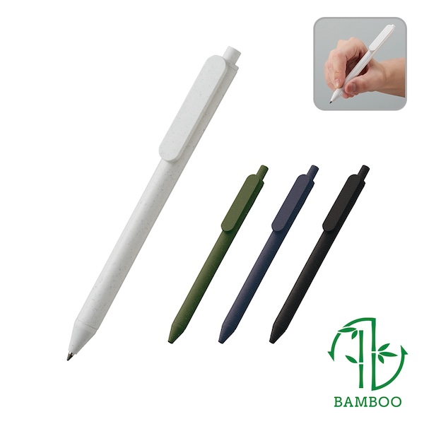 バンブーファイバーを素材に使用したエコなボールペン。バンブーファイバーとは、竹の繊維をパウダー状にして樹脂で固めたもののことで、自然素材のバンブーを使用することで合成樹脂の使用料を削減する、環境にやさしいエコ商品です。ボディ・クリップ部分の2ヶ所に印刷ができ、クリップ部分はフラットなつくりのため、広い範囲に印刷が可能です。