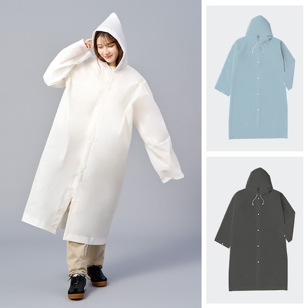 EVA巾着付きのレインコート。身長の高い方もひざまで隠れる着丈に設定し、様々な体格の方に対応できるようなサイズ感です。EVA巾着に単色またはフルカラー印刷が可能なため、ロゴやマークを名入れすることで、販促効果も抜群です。