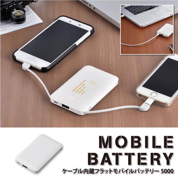 手の平に収まるスリム形状に加えて、ケーブル内蔵タイプにより一層スマートな見た目が特徴的なフラットモバイルバッテリー。スマートフォンやPC、タブレットなど家やオフィスで誰もが毎日のように使うモバイル関連の販促品は、実用的だからこそノベルティとして大人気。災害時の蓄電池としてもオススメのアイテムです。
