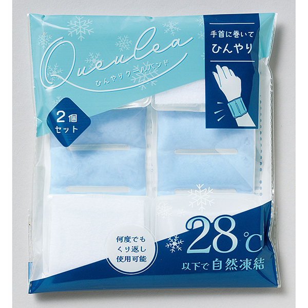 28℃以下で自然凍結。結露しにくい仕様で、何度も繰り返し使用できるクールバンド。手首を冷やしてクールダウンしてくれます。