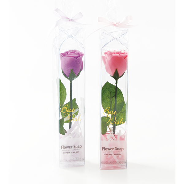 一輪の薔薇をイメージしたエレガントなハンドソープ。通常の石鹸としてはもちろん、お風呂でもご利用いただくことができ、癒し効果あります。また、インテリアや芳香剤としてもおしゃれです。たくさんのノベルティを配布して販促品として使用したい企業様、コストを抑えてかさばらないノベルティを探している担当者様に人気です。