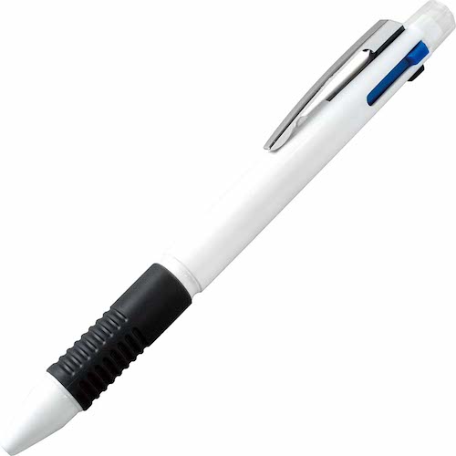 マルチ4ファンクションペンは黒・赤・青のボールペン(0.7mm)とシャープペン(0.5mm)の、4つの機能を1本にまとめた便利なペンです。クリップ部分を押すとシャープペンが出てきます。低価格でばらまきノベルティに人気です。名入れが映える白軸に印刷をすると、宣伝効果も期待できます。何種類もの筆記具を入れたペンケースを持ち歩かなくてもスマートに携帯できるので、多機能ペンは喜ばれるアイテムです。