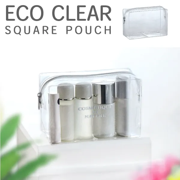 清涼感たっぷりのスクエア型のクリアポーチです。定番サイズなのでどんなシーンで使用することができます。環境に優しいエコ素材を使用していますので、SDGsにも貢献できるアイテム！名入れも可能ですので、企業やお店の雰囲気に合わせたオリジナルのノベルティを作ることができます。