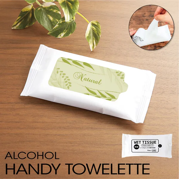 手軽に配れる激安アルコール配合のウェットティッシュ。お出かけ先でのお手拭きや、除菌に便利なウェットシートは、バッグで携帯しやすいコンパクトハンディサイズです。たくさんのノベルティを配布して販促品として使用したい企業様、コストを抑えてかさばらないノベルティを探している担当者様に人気です。