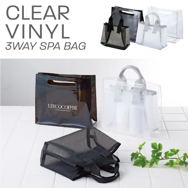 裏返しても使える3WAYのビニルスパバッグです。クリアとメッシュ素材を2つ重ねているので、濡れたものの持ち運びにも便利なアイテム!カラーも2色あり性別問わず使えるので、夏のイベントにも大活躍です!名入れも可能ですので、オリジナルのおしゃれなノベルティを作ることができます。